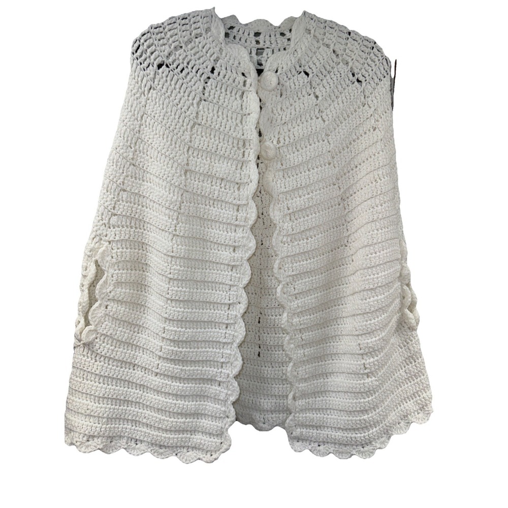 Vtg Handmade Knitted Poncho‎ Cream Granny Core /Grandma Chic One Size